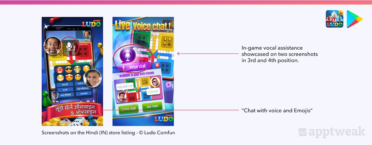Vocal assistance feature emphasized on Ludo Comfun screenshots on its Hindi store listing